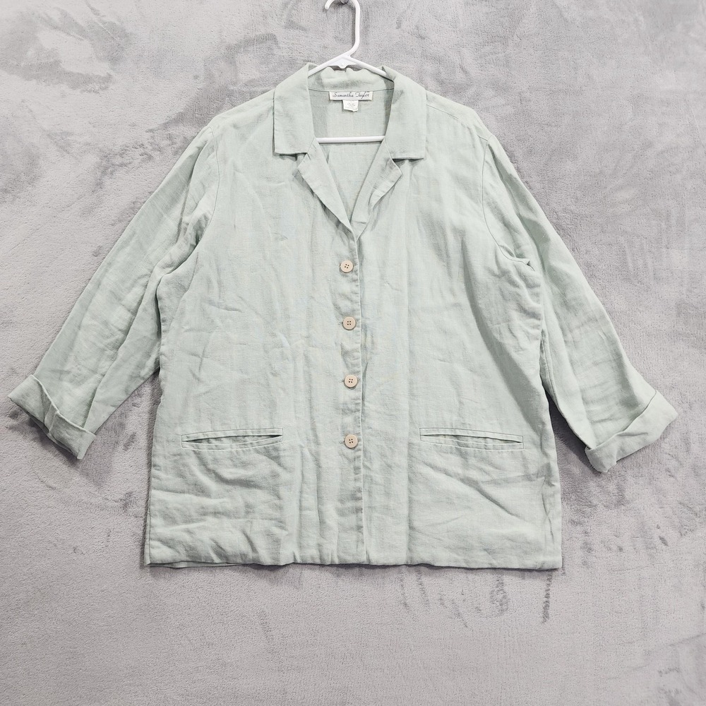Vintage Samantha Taylor Jacket Womens 14 Green Linen Button Front Lightweight